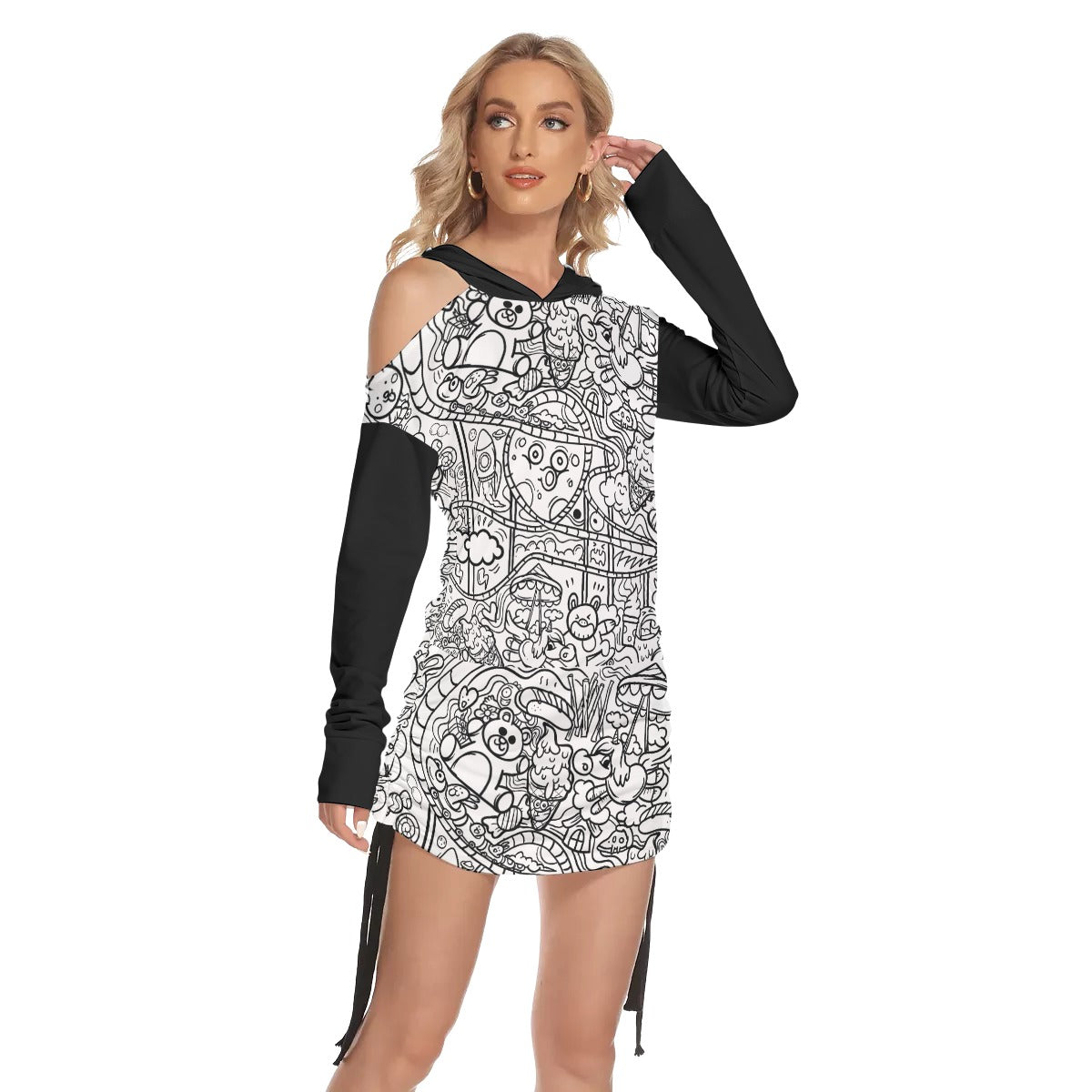 Graffiti Print Women's One-shoulder Dress With Waist Shirring