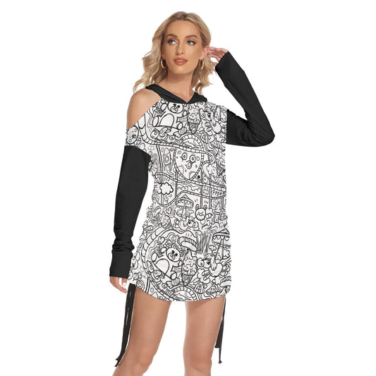 Graffiti Print Women's One-shoulder Dress With Waist Shirring
