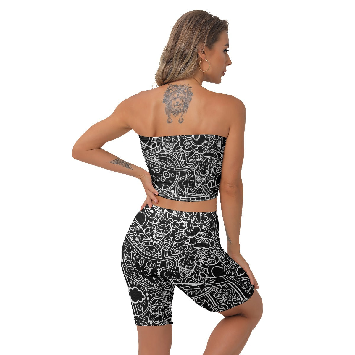 Black Graffiti Print Biker Shorts Set