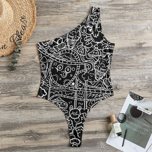 Black Graffiti Print One-Shoulder Bodysuit