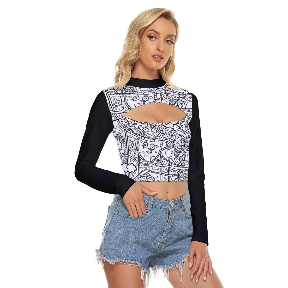 Graffiti Print Women's Hollow Chest Keyhole Tight Crop Top