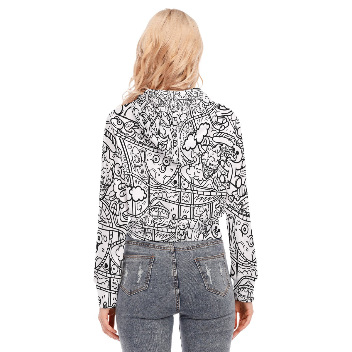 Graffiti Print Women's Crop Top Hoodie With Zipper Closure