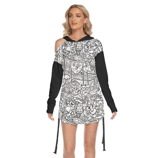 Graffiti Print Women's One-shoulder Dress With Waist Shirring