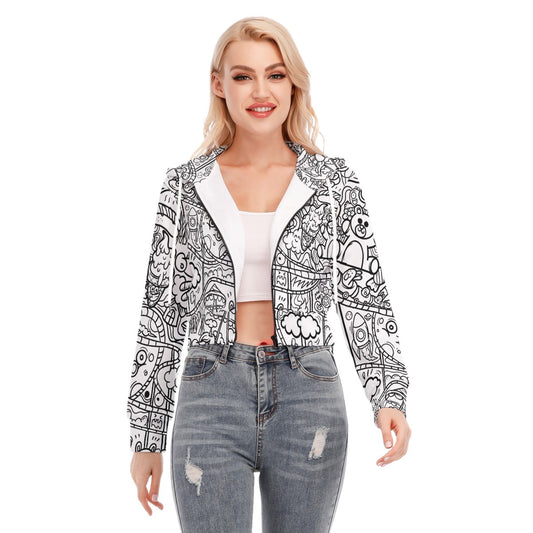 Graffiti Print Women's Crop Top Hoodie With Zipper Closure