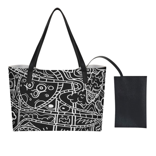 Black Graffiti Faux Leather Tote Bag