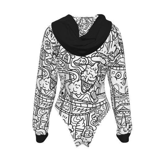 Graffiti Print Women's Raglan Sleeve Hooded Bodysuit