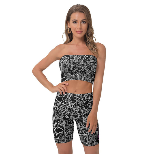 Black Graffiti Print Biker Shorts Set