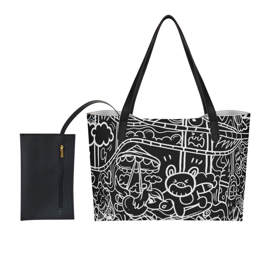 Black Graffiti Faux Leather Tote Bag