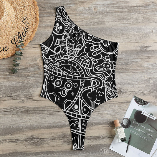 Black Graffiti Print One-Shoulder Bodysuit