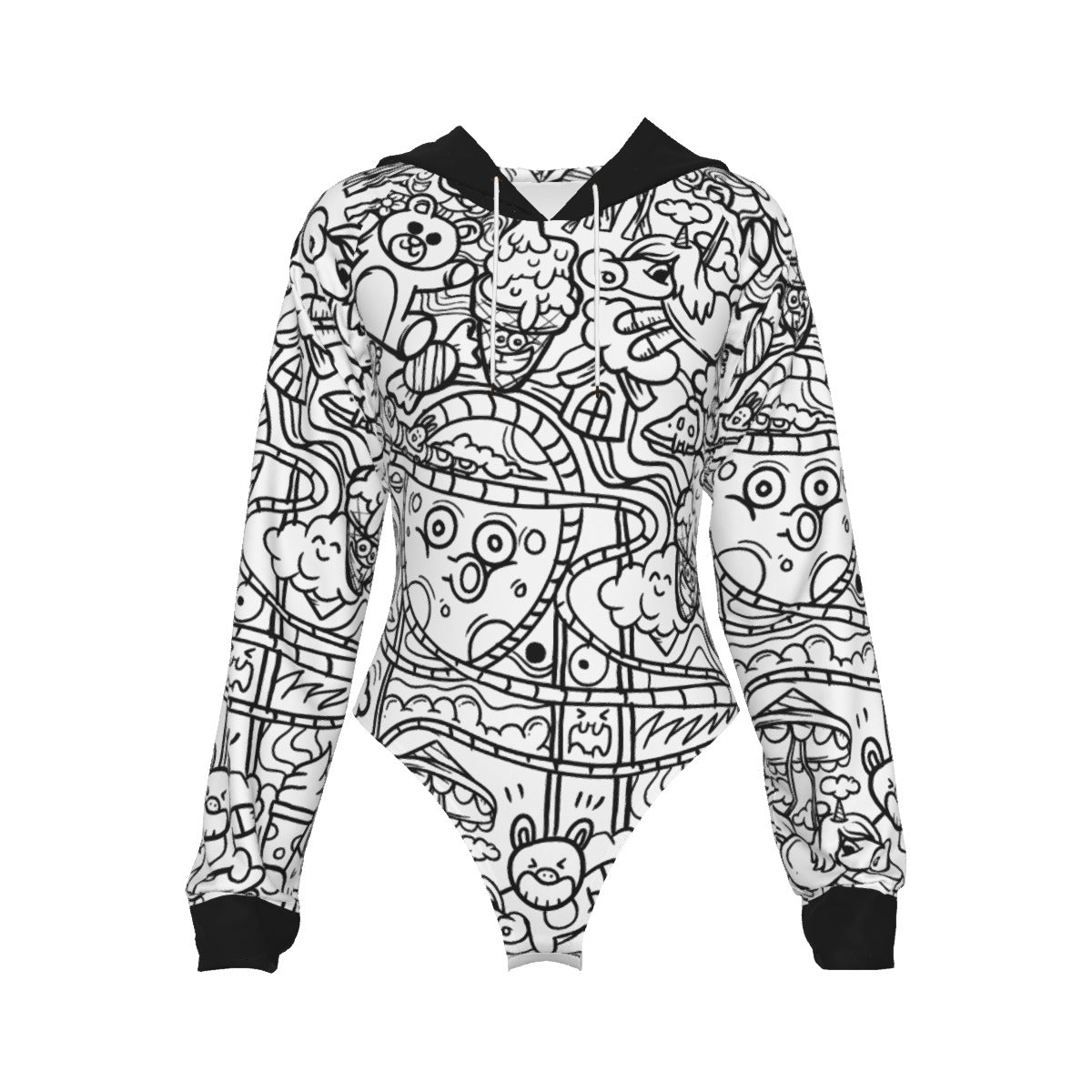 Graffiti Print Women's Raglan Sleeve Hooded Bodysuit