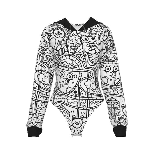 Graffiti Print Women's Raglan Sleeve Hooded Bodysuit