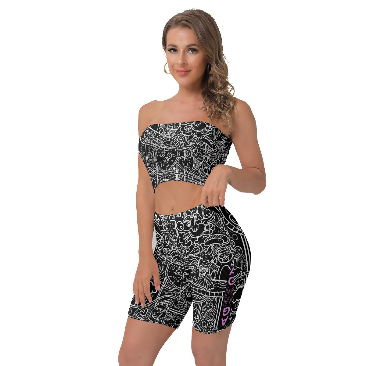 Black Graffiti Print Biker Shorts Set